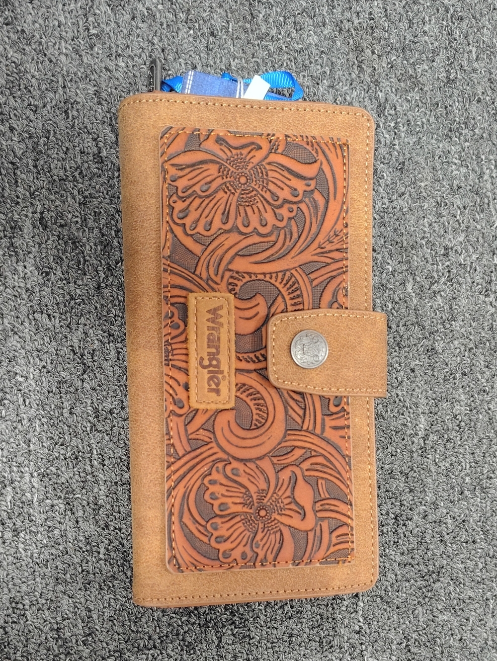 Wrangler Tooled Floral Tan and Brown Zip Wallet